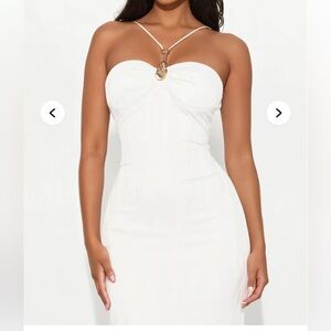 Strapless White Bodycon Dress with Shell Gold Accent